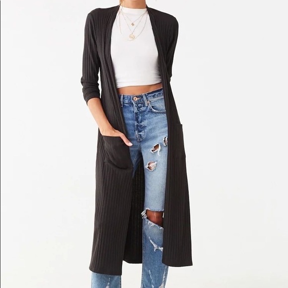 F21 Black Ribbed Open-Front Duster Cardigan - Picture 1 of 7